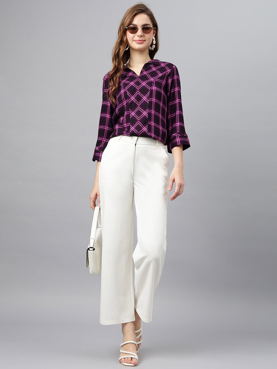 Wine Shirt Collar Three-Quarter Sleeves Checkered Top For Casual Wear