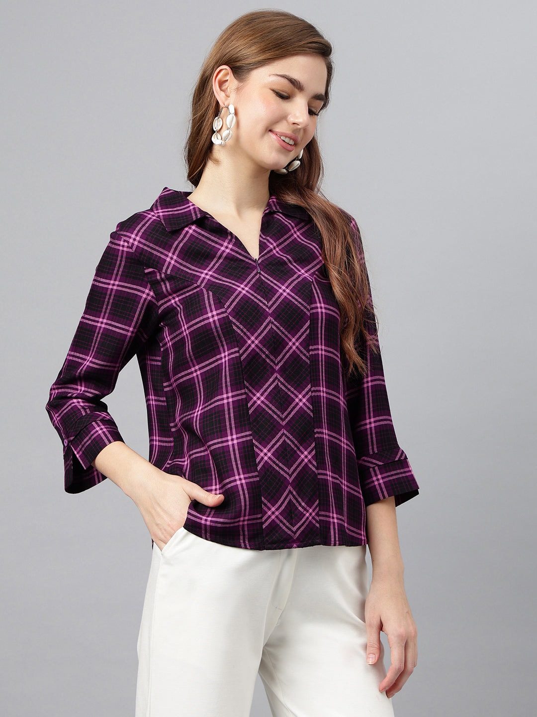 Wine Shirt Collar Three-Quarter Sleeves Checkered Top For Casual Wear