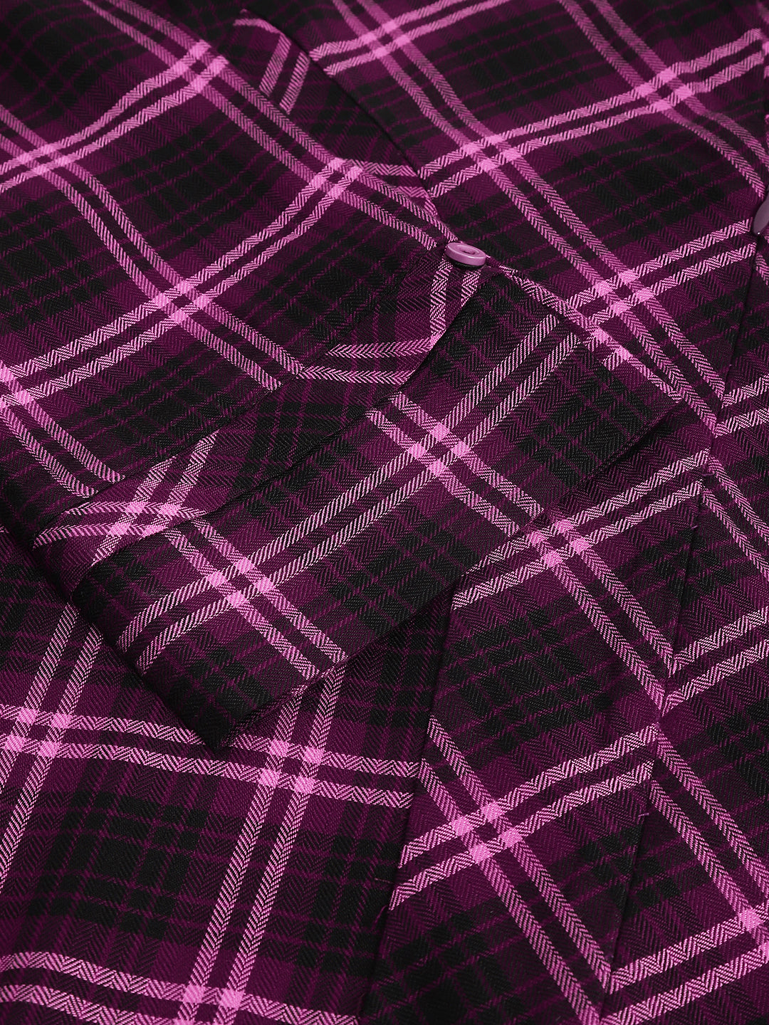 Wine Shirt Collar Three-Quarter Sleeves Checkered Top For Casual Wear