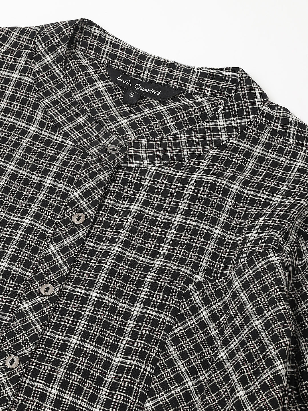 Chic Black Short Sleeve Mandarin Checkered Casual Top For Trendy Looks
