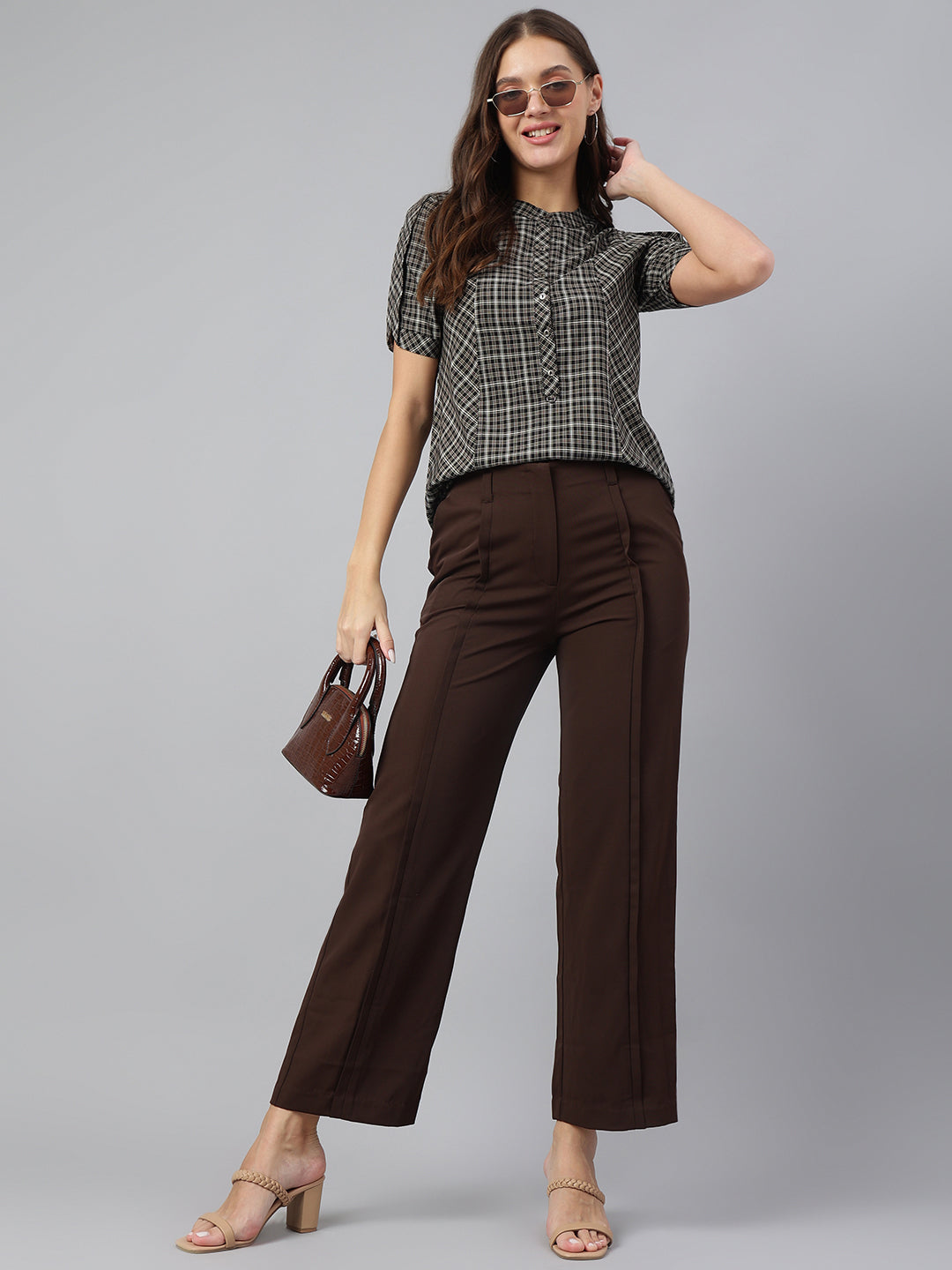 Chic Black Short Sleeve Mandarin Checkered Casual Top For Trendy Looks