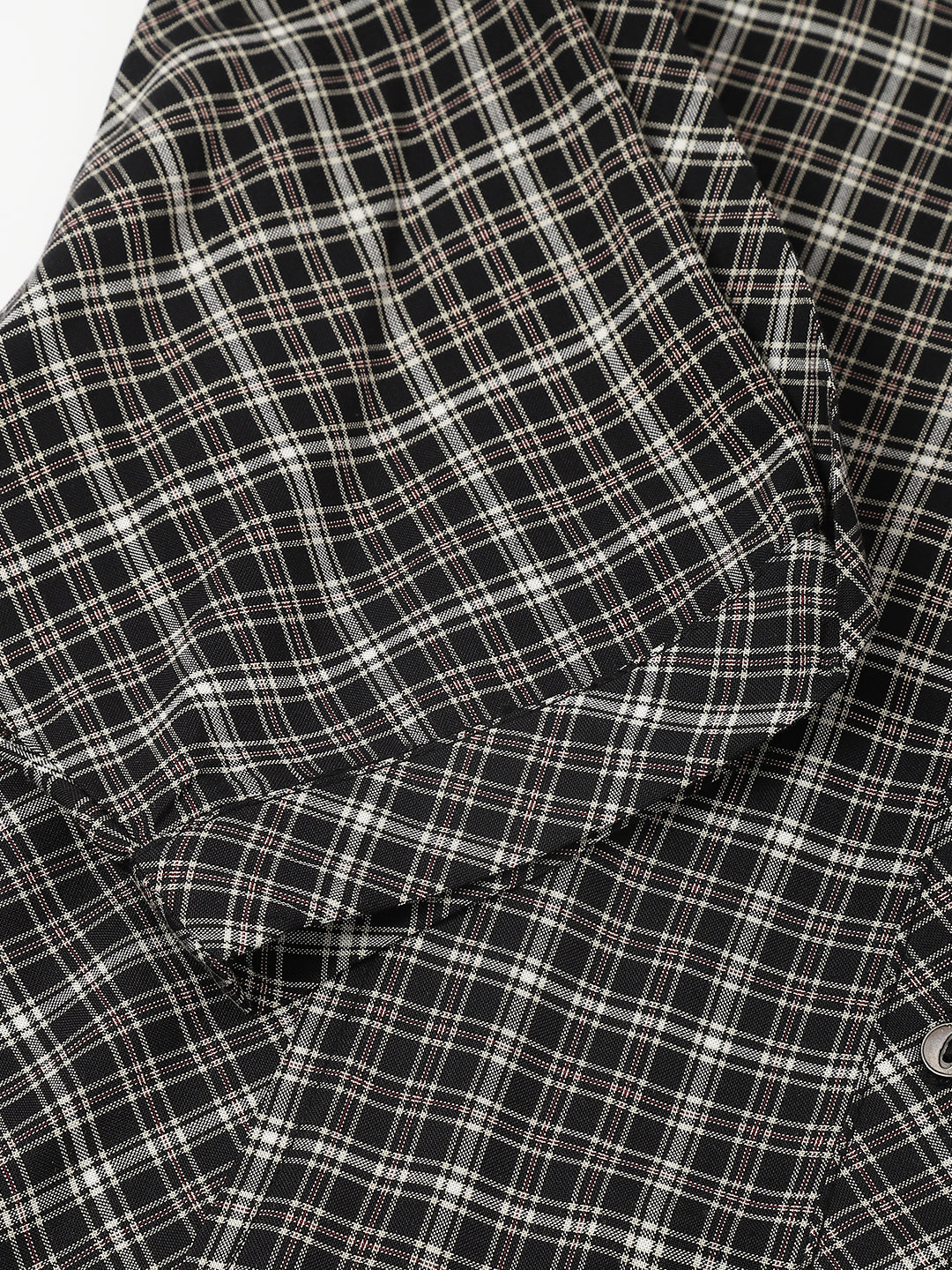 Chic Black Short Sleeve Mandarin Checkered Casual Top For Trendy Looks