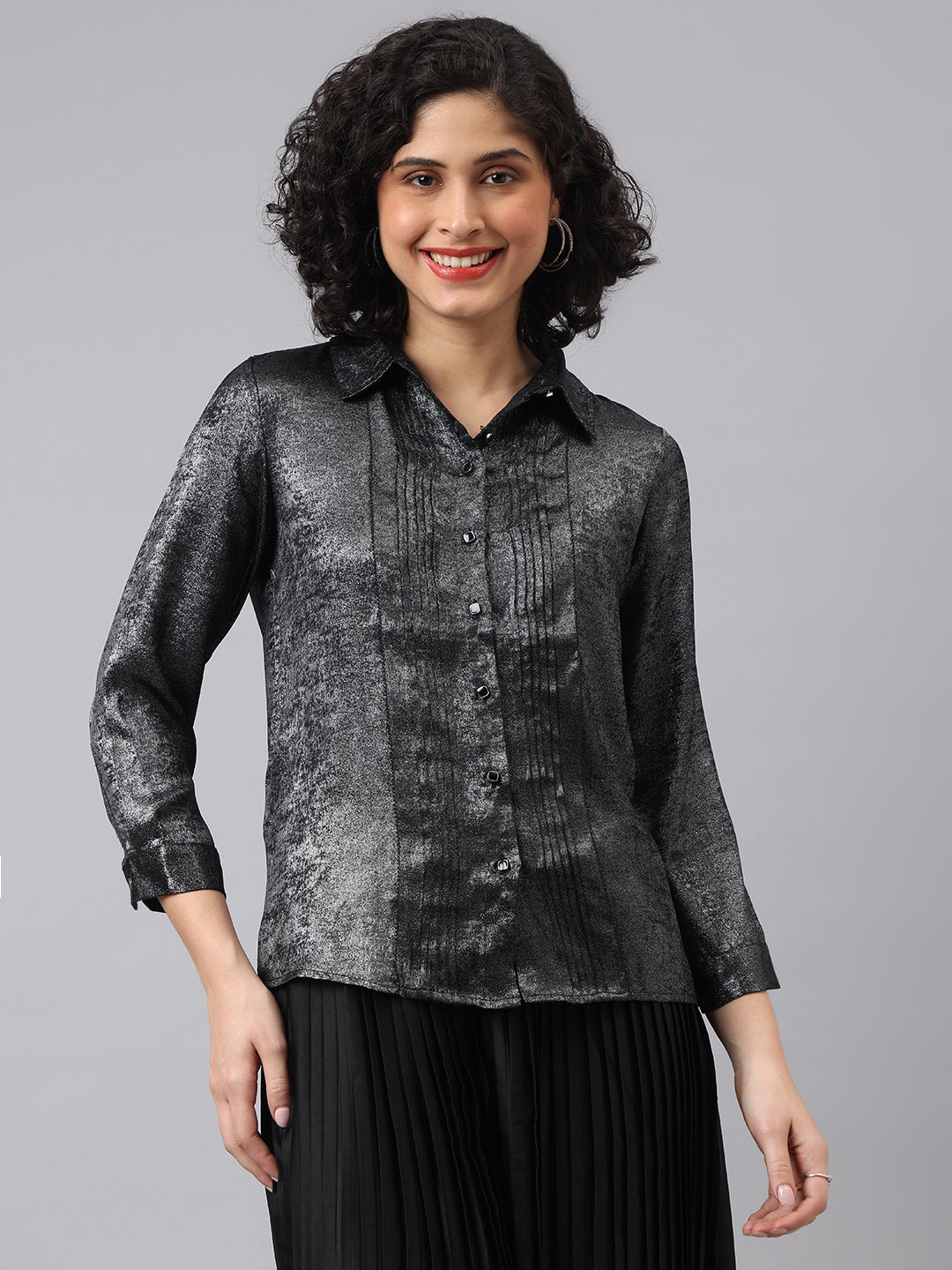 Sophisticated Black Full Sleeve Collar Solid Evening Shirt For Timeless Elegance