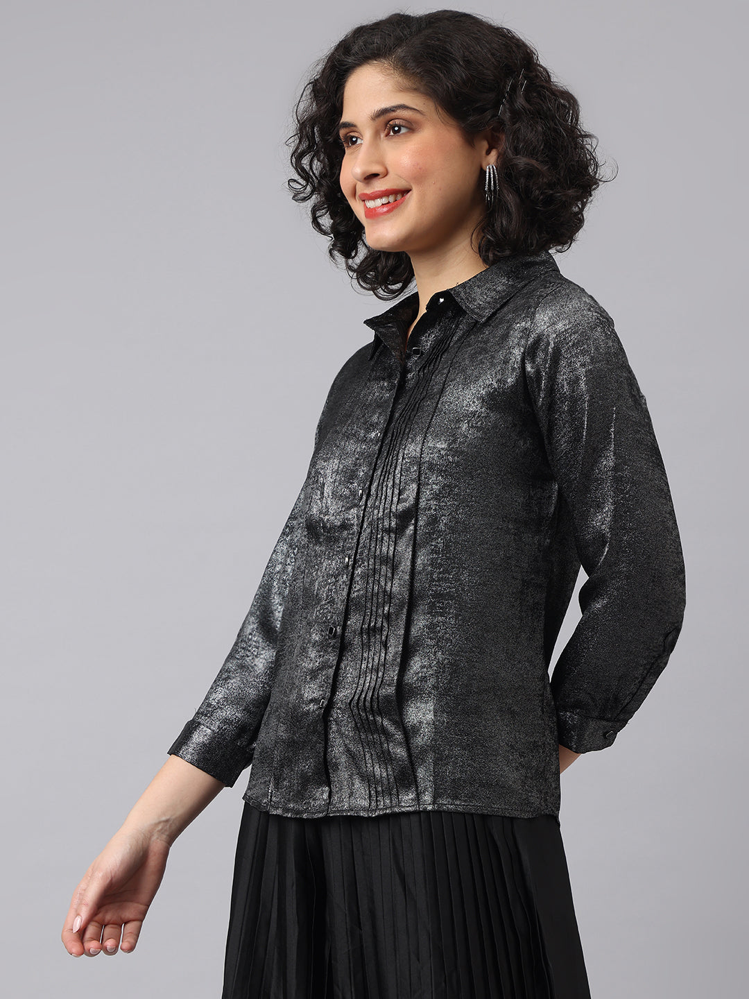 Sophisticated Black Full Sleeve Collar Solid Evening Shirt For Timeless Elegance