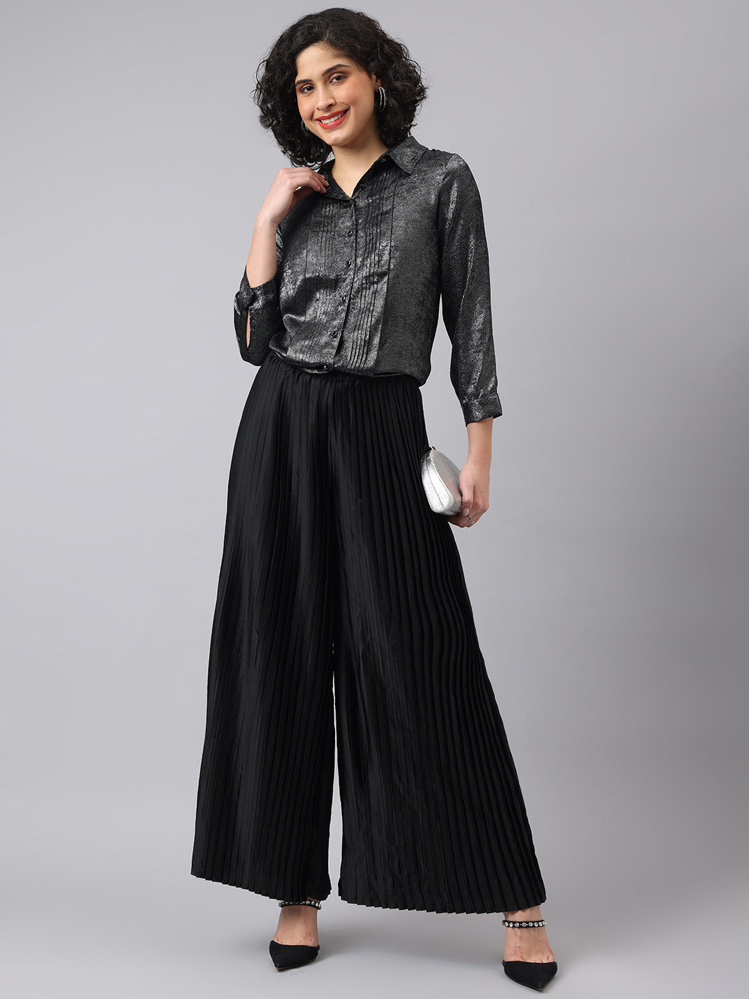Sophisticated Black Full Sleeve Collar Solid Evening Shirt For Timeless Elegance