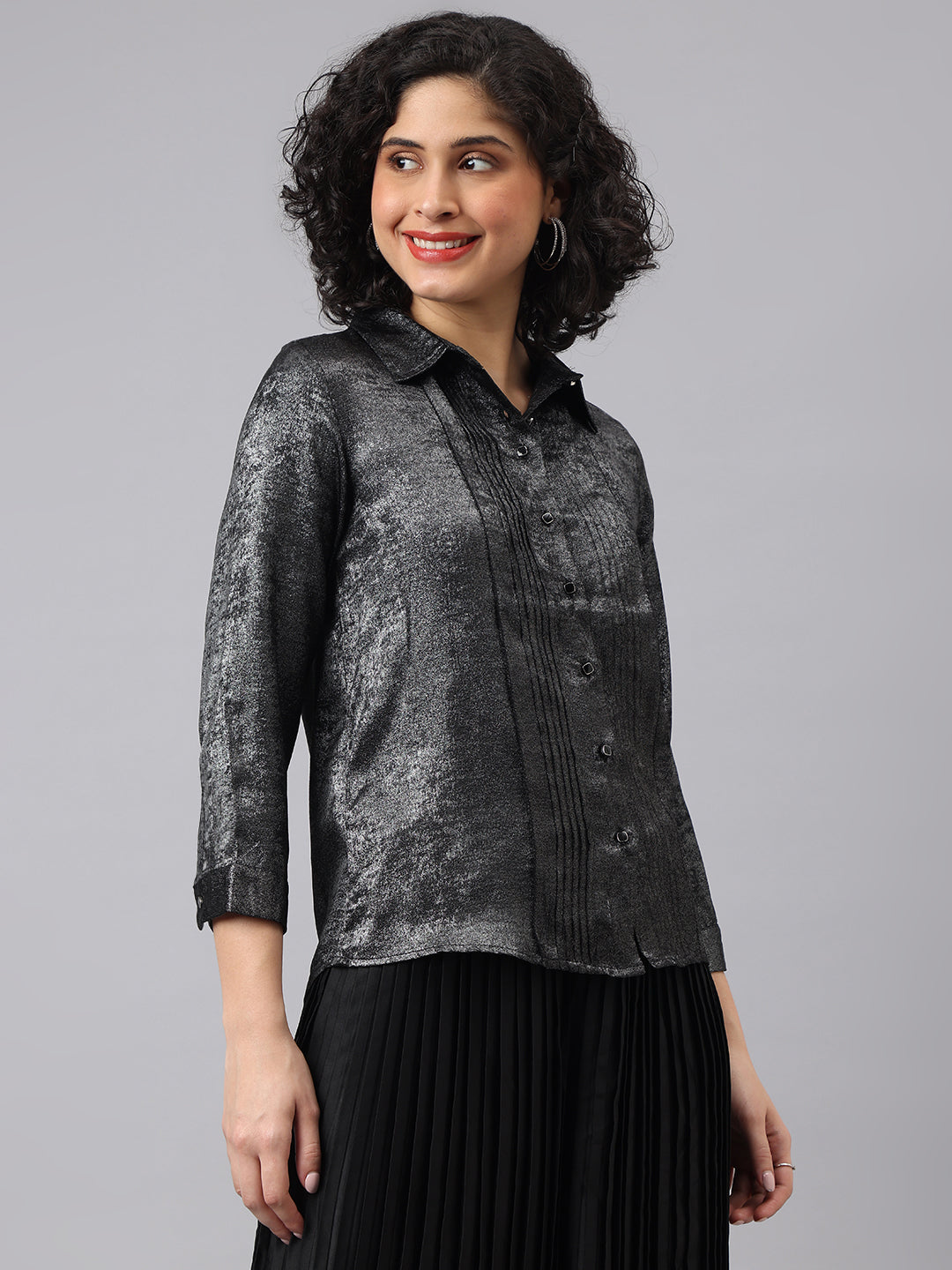 Sophisticated Black Full Sleeve Collar Solid Evening Shirt For Timeless Elegance