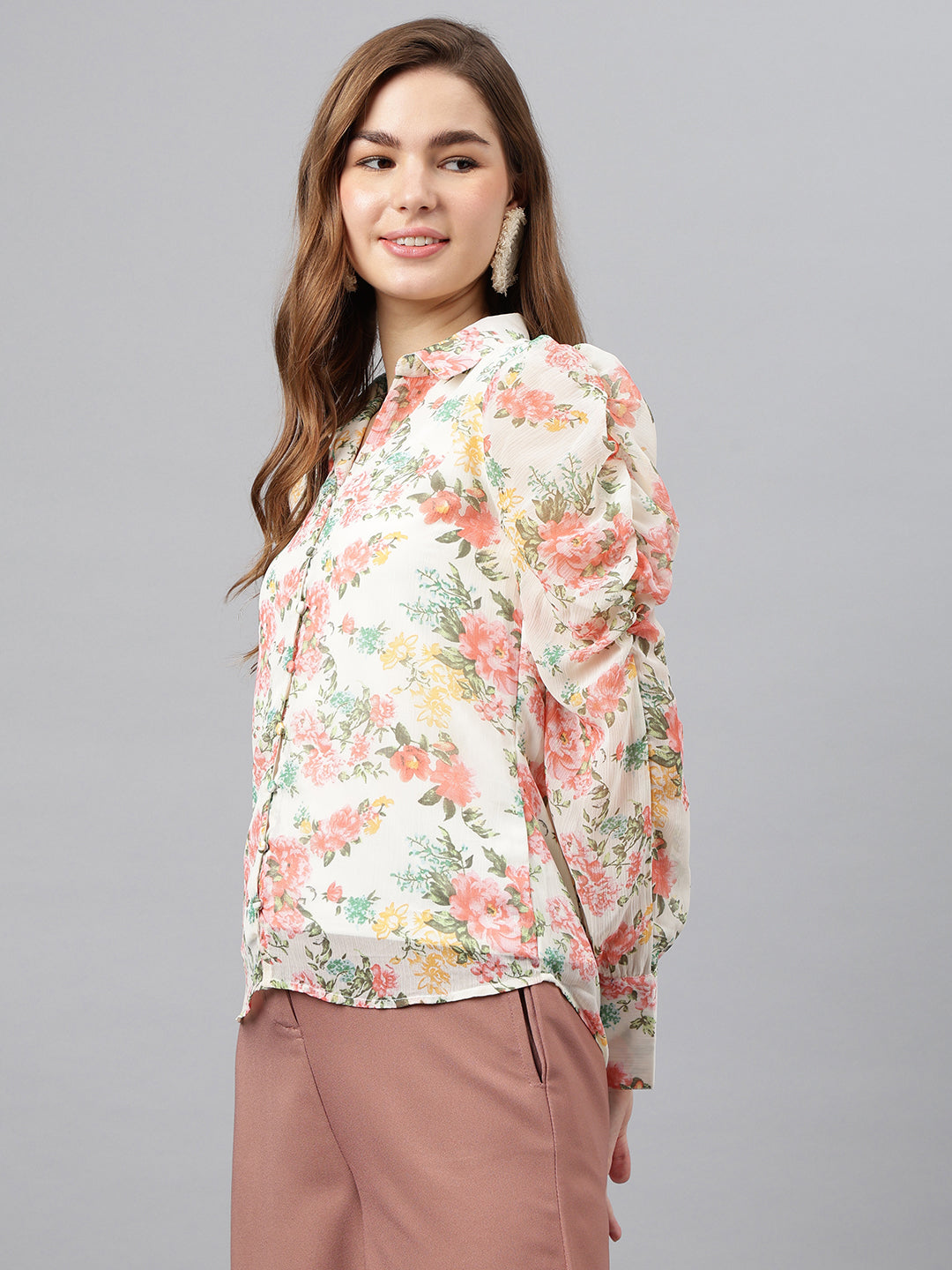 Pink Spread Collar Long Sleeves Printed Shirt Casual For Wear