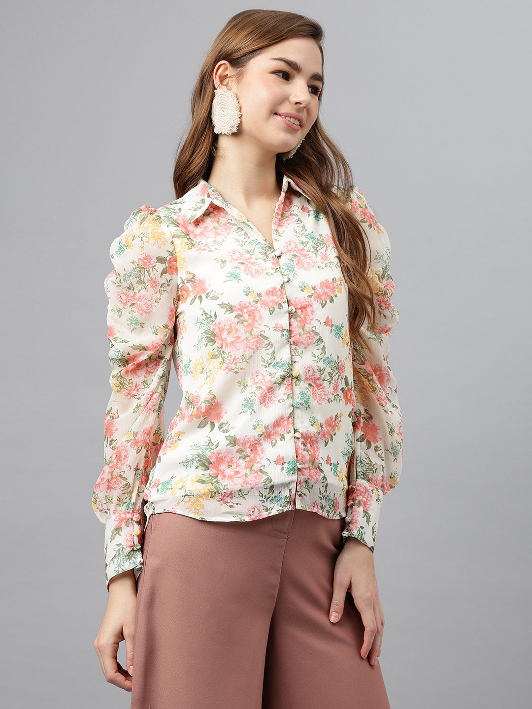 Pink Spread Collar Long Sleeves Printed Shirt Casual For Wear