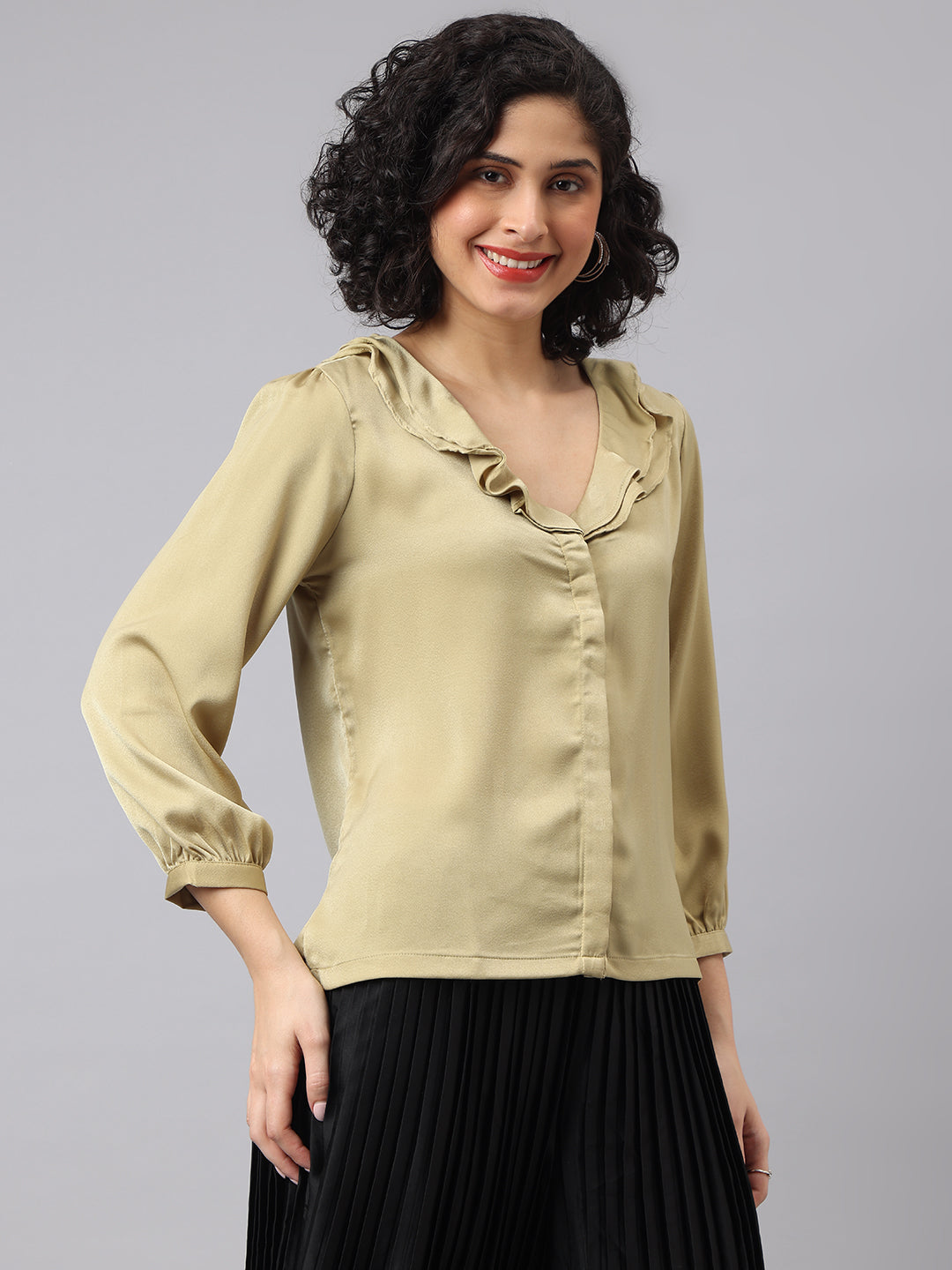 Latin Quarters Women Green V Neck Three-Quarter Sleeves Solid Shirt
