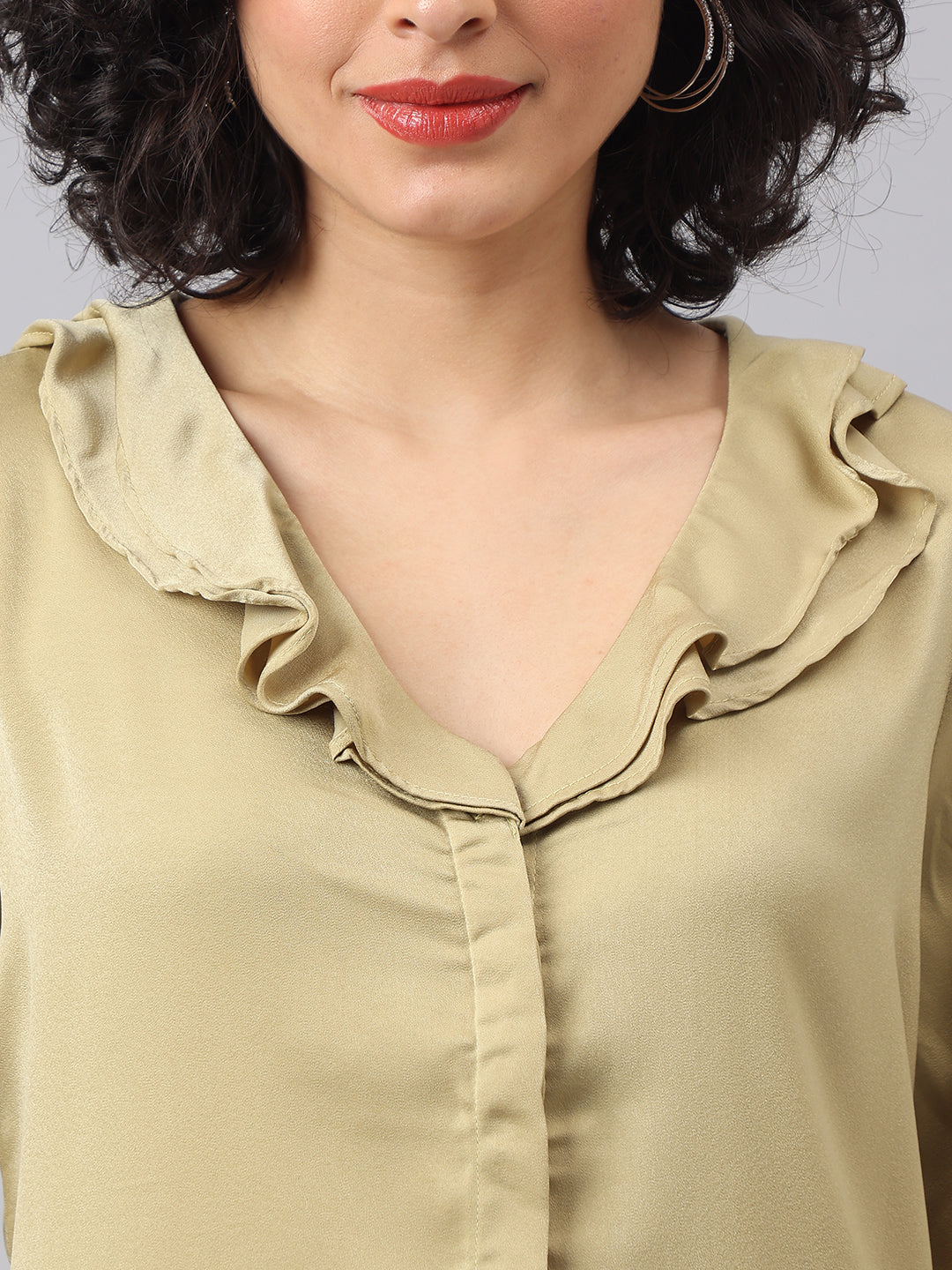 Latin Quarters Women Green V Neck Three-Quarter Sleeves Solid Shirt