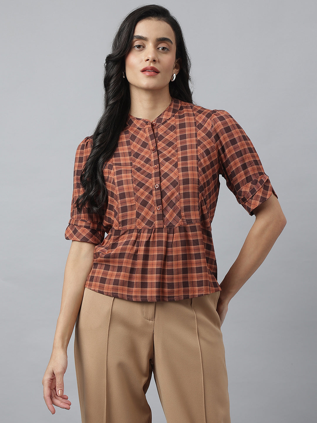 Brown Half Sleeve Round Neck Check Top For Casual Wear