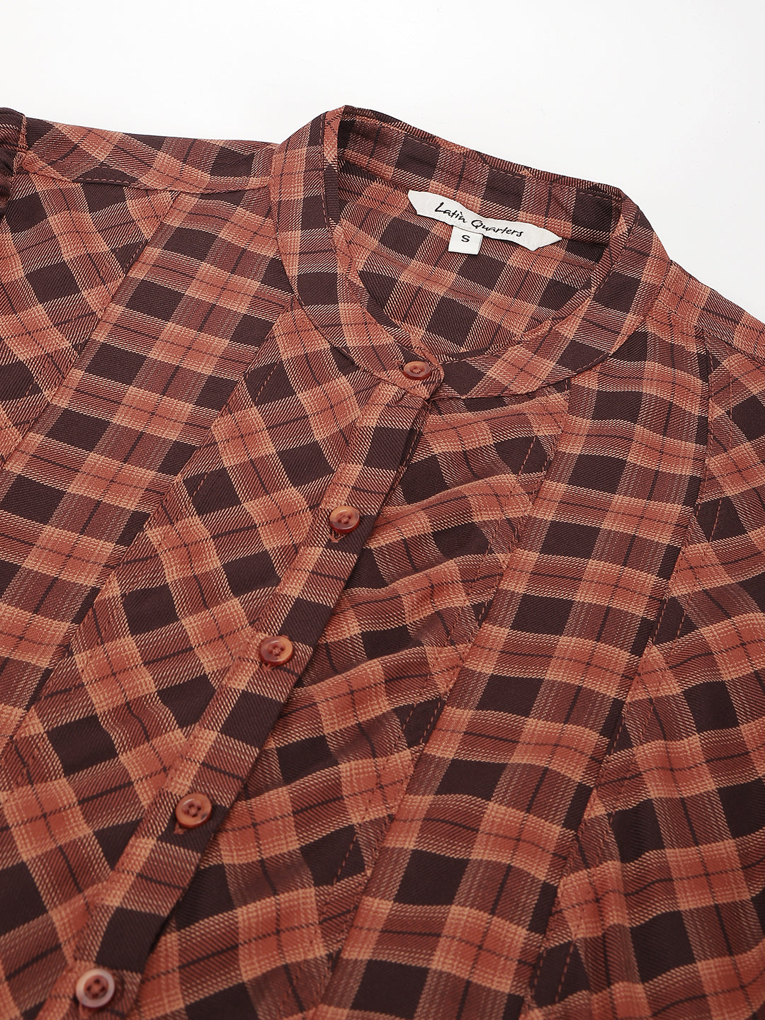 Brown Half Sleeve Round Neck Check Top For Casual Wear