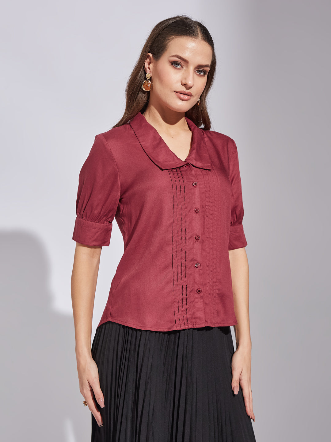 Latin Quarters Women Maroon Collar Neck Short Sleeves Solid Shirt