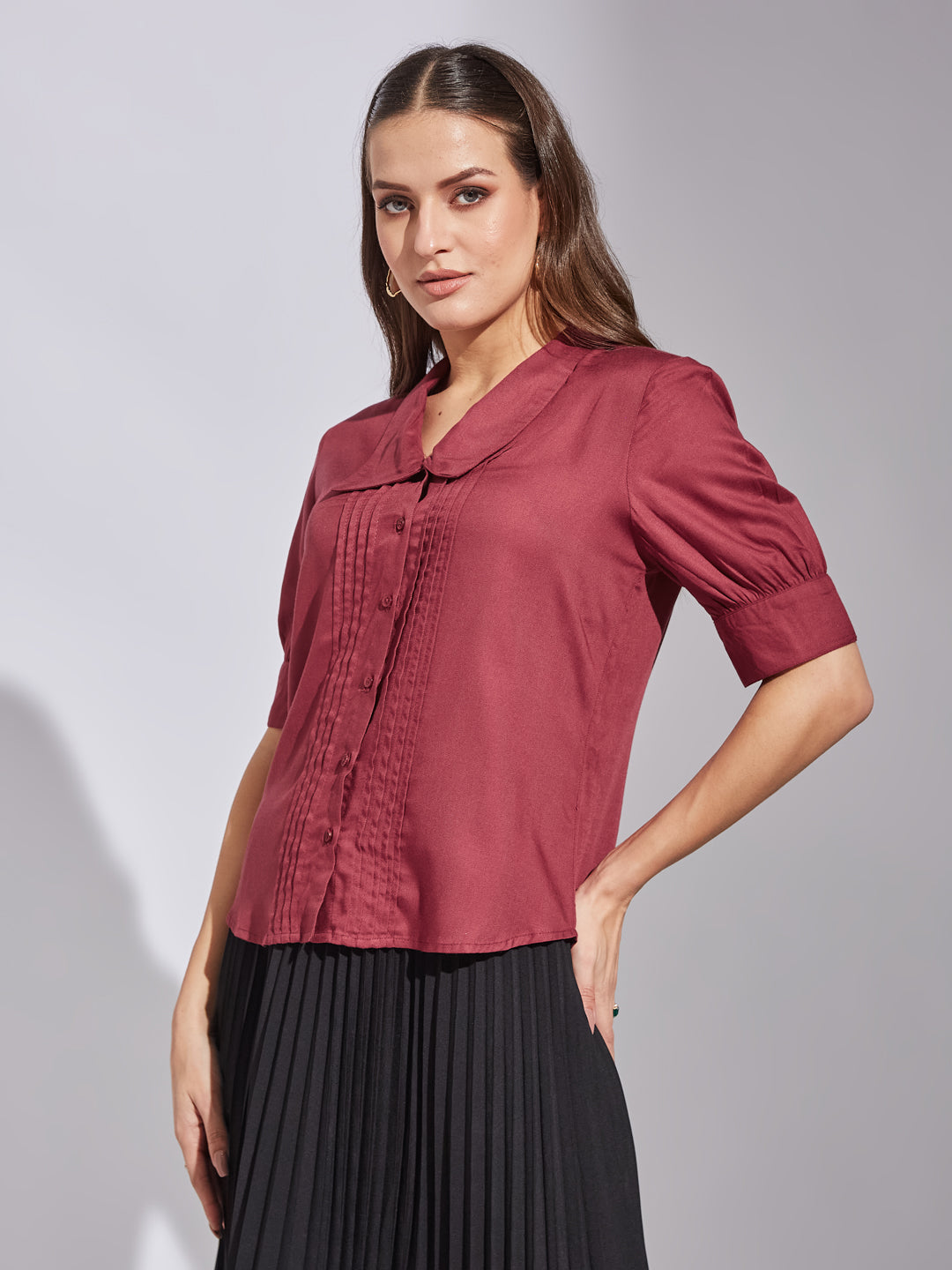 Latin Quarters Women Maroon Collar Neck Short Sleeves Solid Shirt