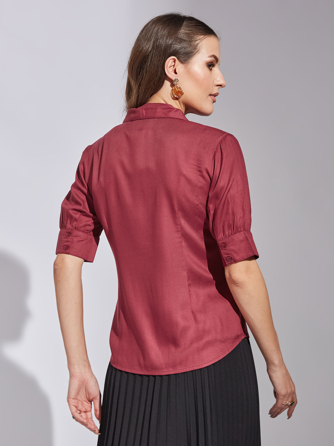 Latin Quarters Women Maroon Collar Neck Short Sleeves Solid Shirt