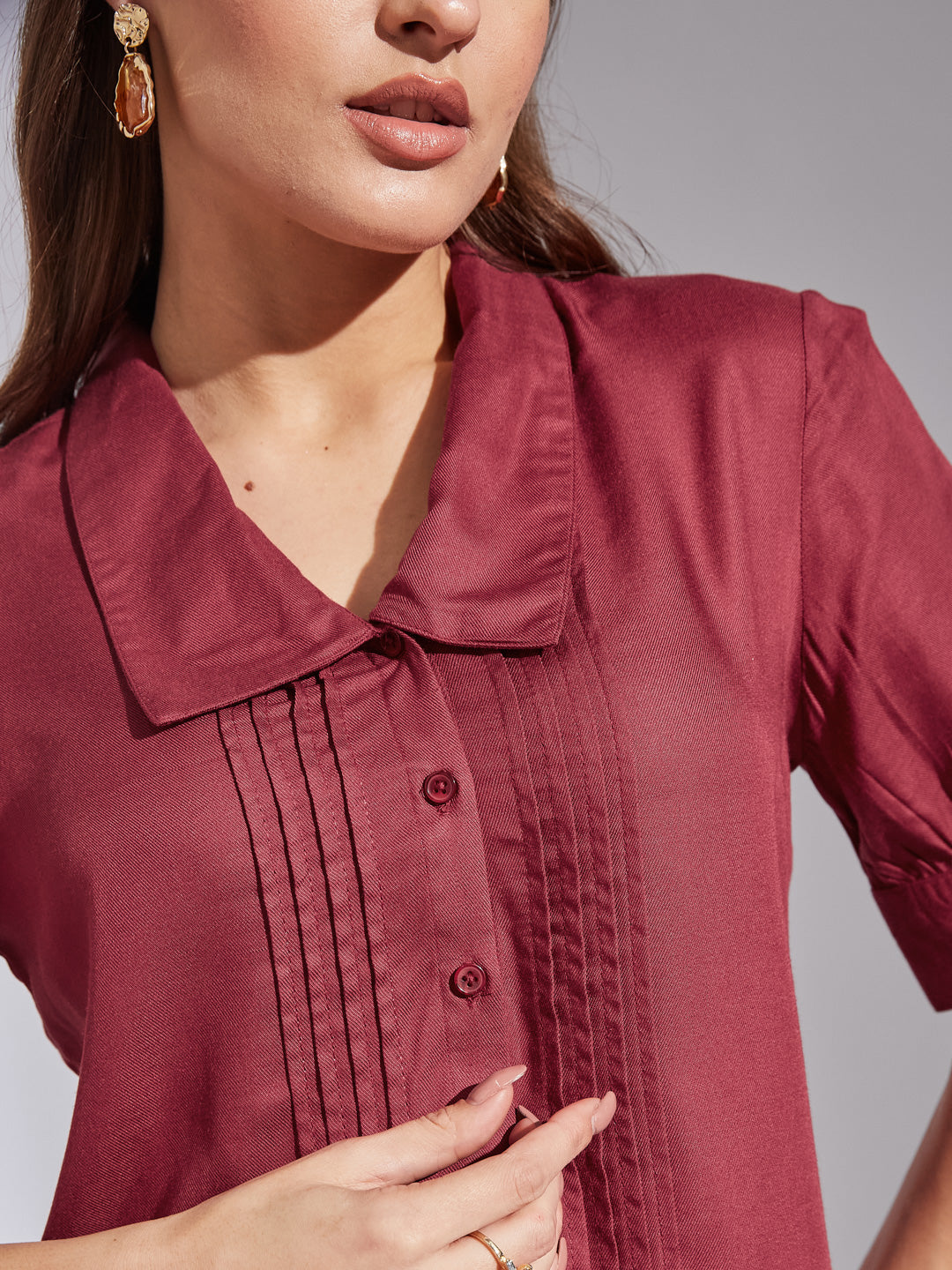 Latin Quarters Women Maroon Collar Neck Short Sleeves Solid Shirt