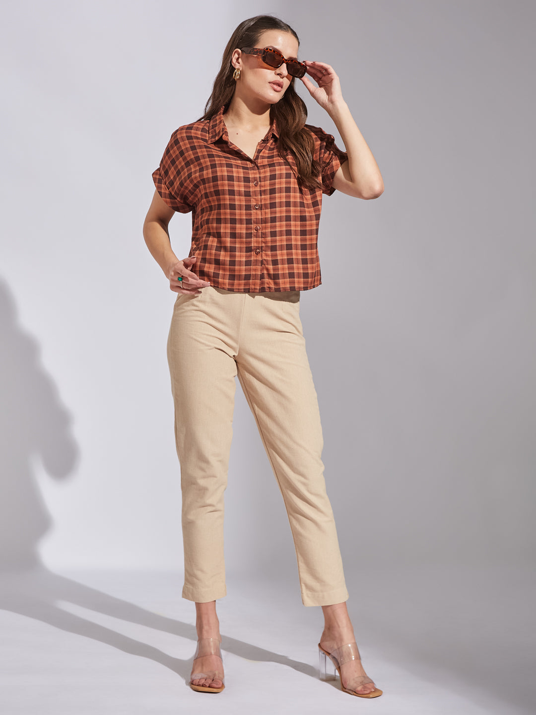 Latin Quarters Women Brown Collar Neck Short Sleeves Checked Shirt