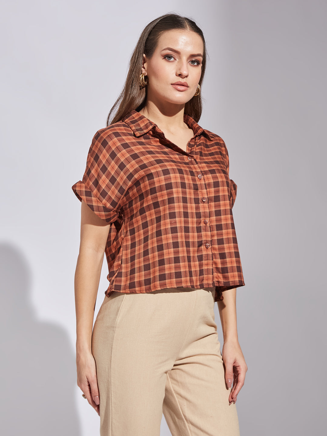 Latin Quarters Women Brown Collar Neck Short Sleeves Checked Shirt