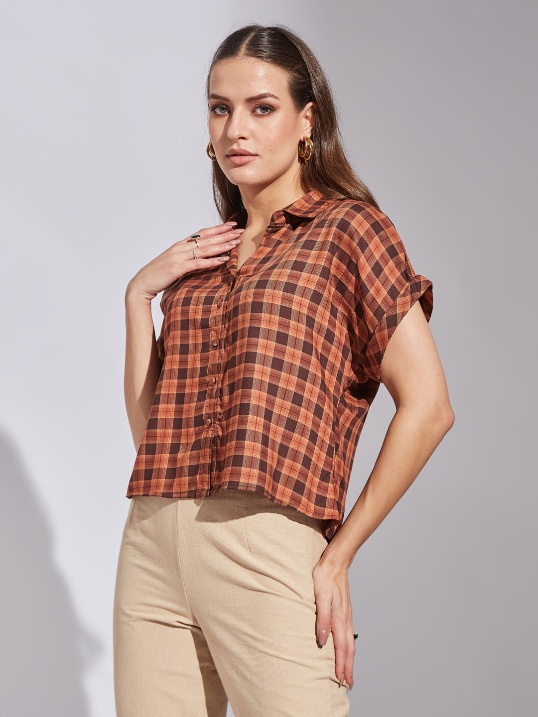 Latin Quarters Women Brown Collar Neck Short Sleeves Checked Shirt