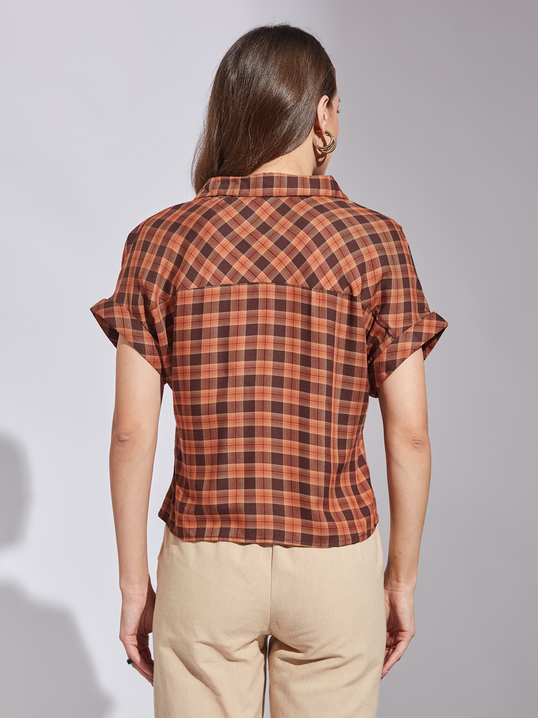 Latin Quarters Women Brown Collar Neck Short Sleeves Checked Shirt