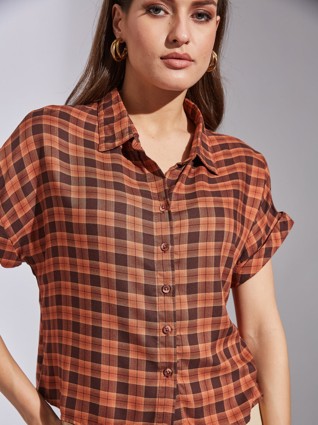 Latin Quarters Women Brown Collar Neck Short Sleeves Checked Shirt