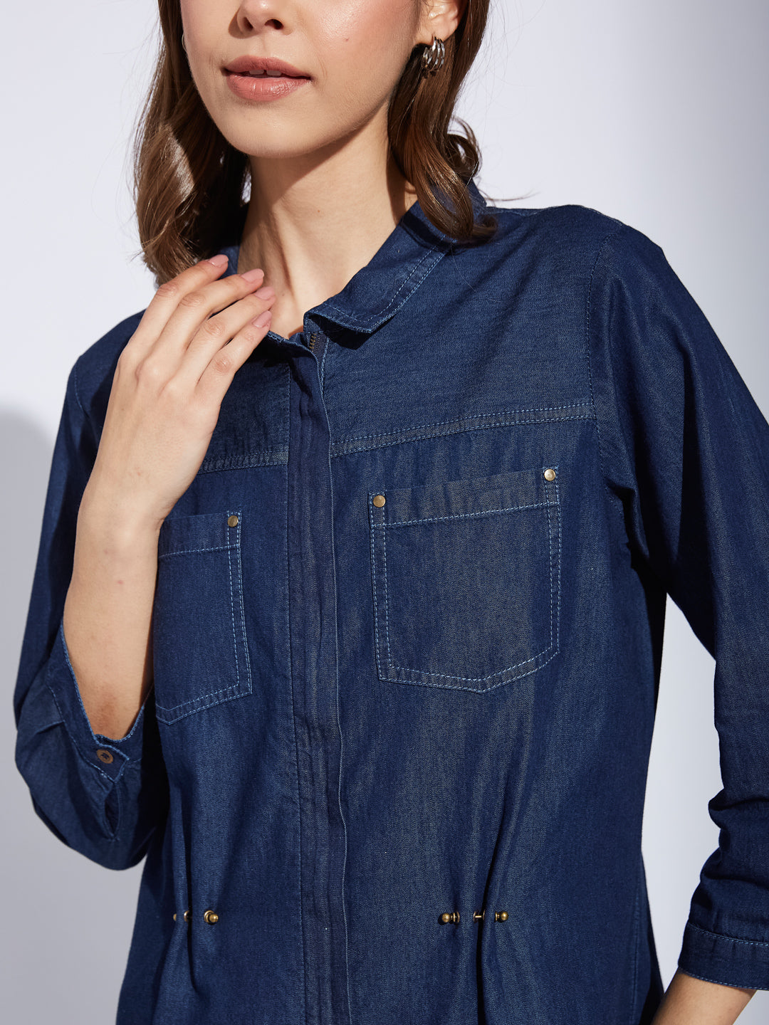 Latin Quarter Women Blue Collar Neck 3/4Th Sleeve Solid Shirt Blouse