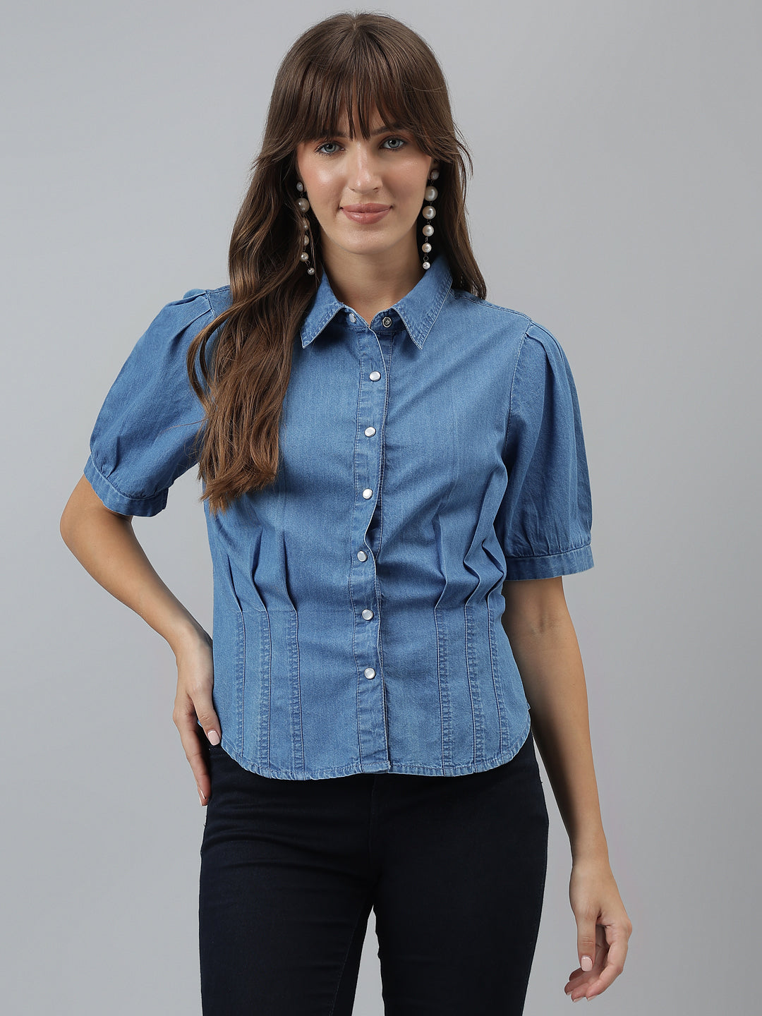Latin Quarters Women Blue Denim Collared Shirt with Puff Sleeves