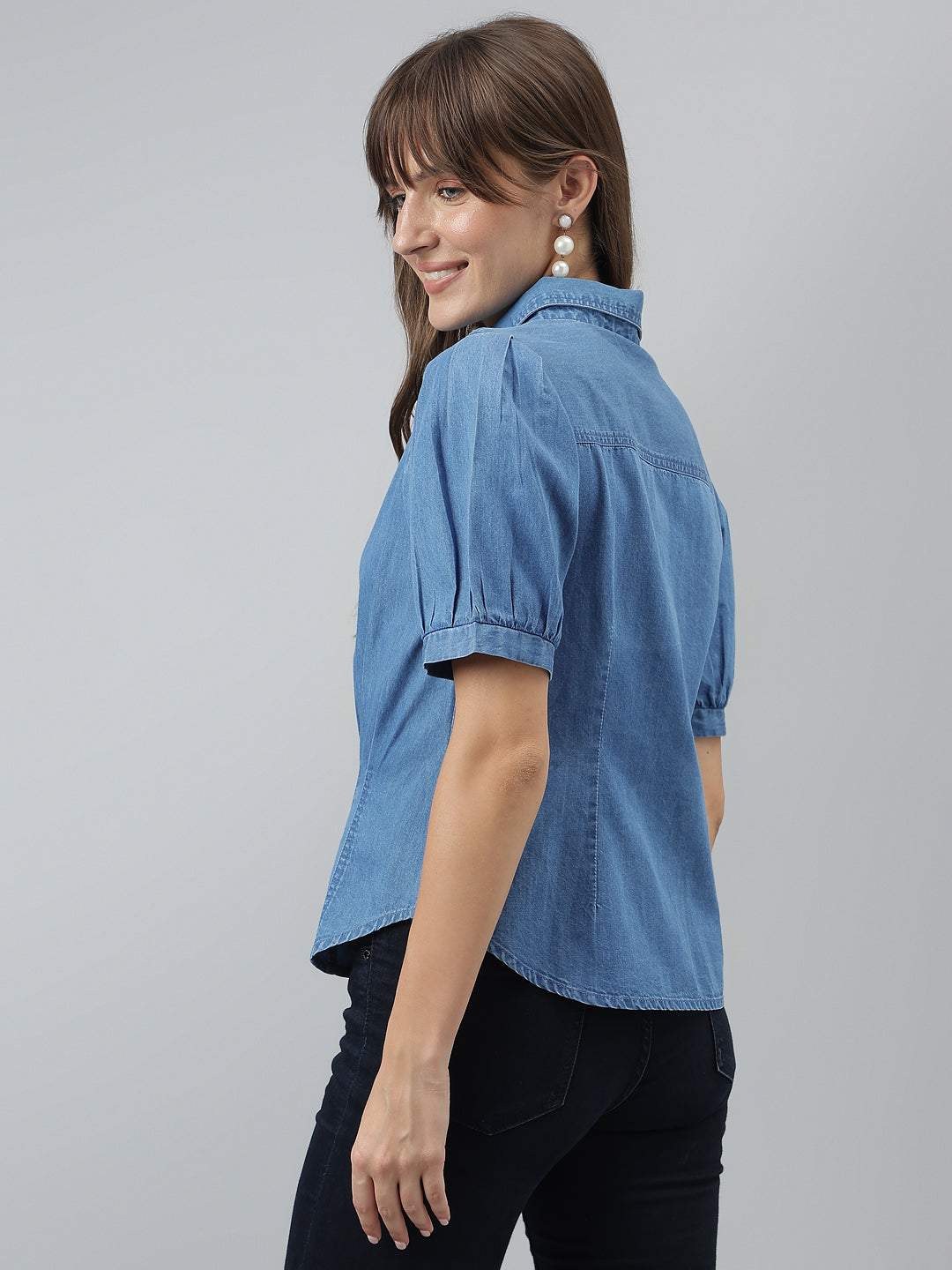 Latin Quarters Women Blue Denim Collared Shirt with Puff Sleeves