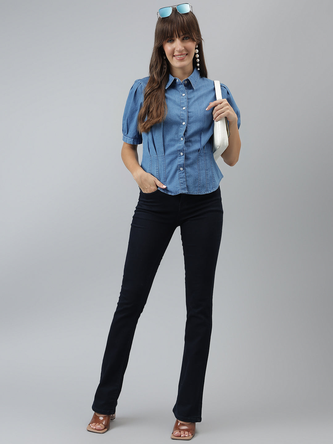 Latin Quarters Women Blue Denim Collared Shirt with Puff Sleeves