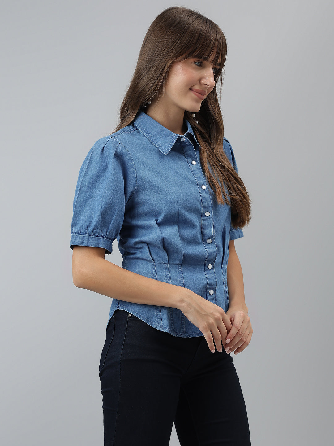 Latin Quarters Women Blue Denim Collared Shirt with Puff Sleeves
