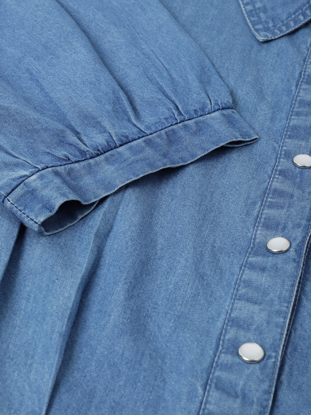 Latin Quarters Women Blue Denim Collared Shirt with Puff Sleeves
