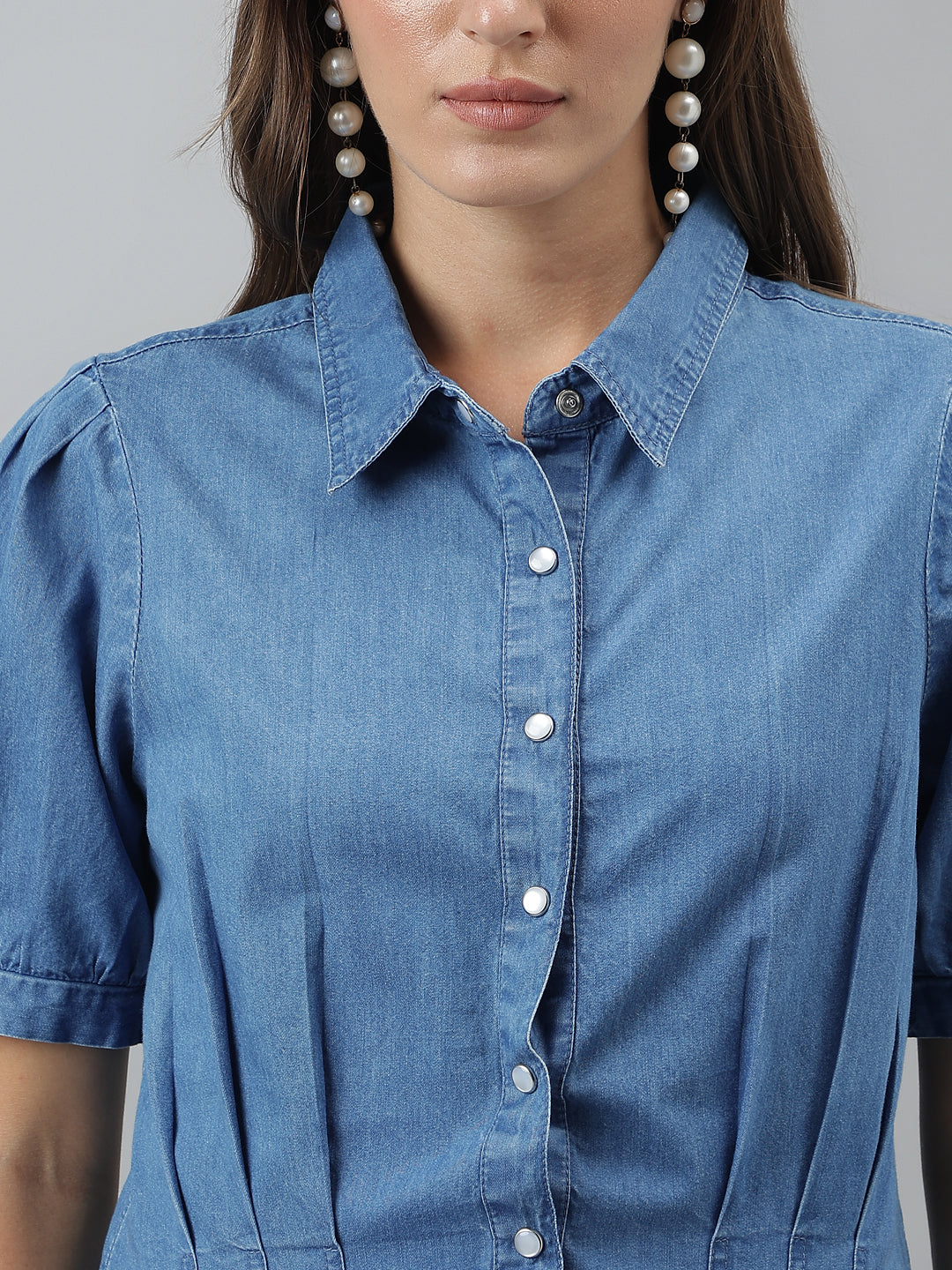 Latin Quarters Women Blue Denim Collared Shirt with Puff Sleeves