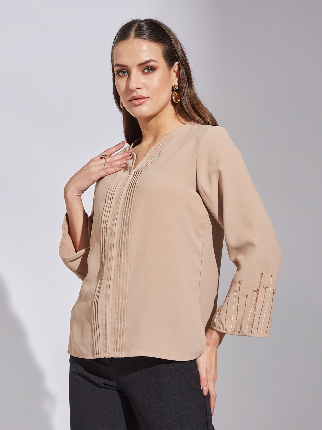 Latin Quarters Women Beige Round Neck 3/4Th Sleeve Solid Top
