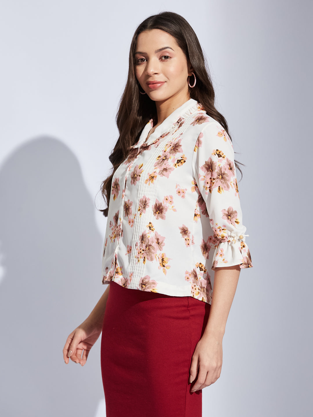 Latin Quarters Women Ivory Collared 3/4Th Sleeves Printed Shirt Blouse For Casual Wear