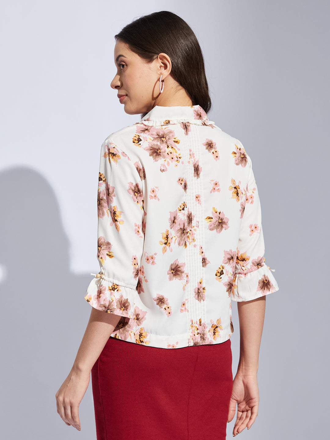 Latin Quarters Women Ivory Collared 3/4Th Sleeves Printed Shirt Blouse For Casual Wear