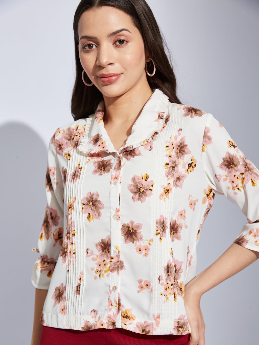 Latin Quarters Women Ivory Collared 3/4Th Sleeves Printed Shirt Blouse For Casual Wear