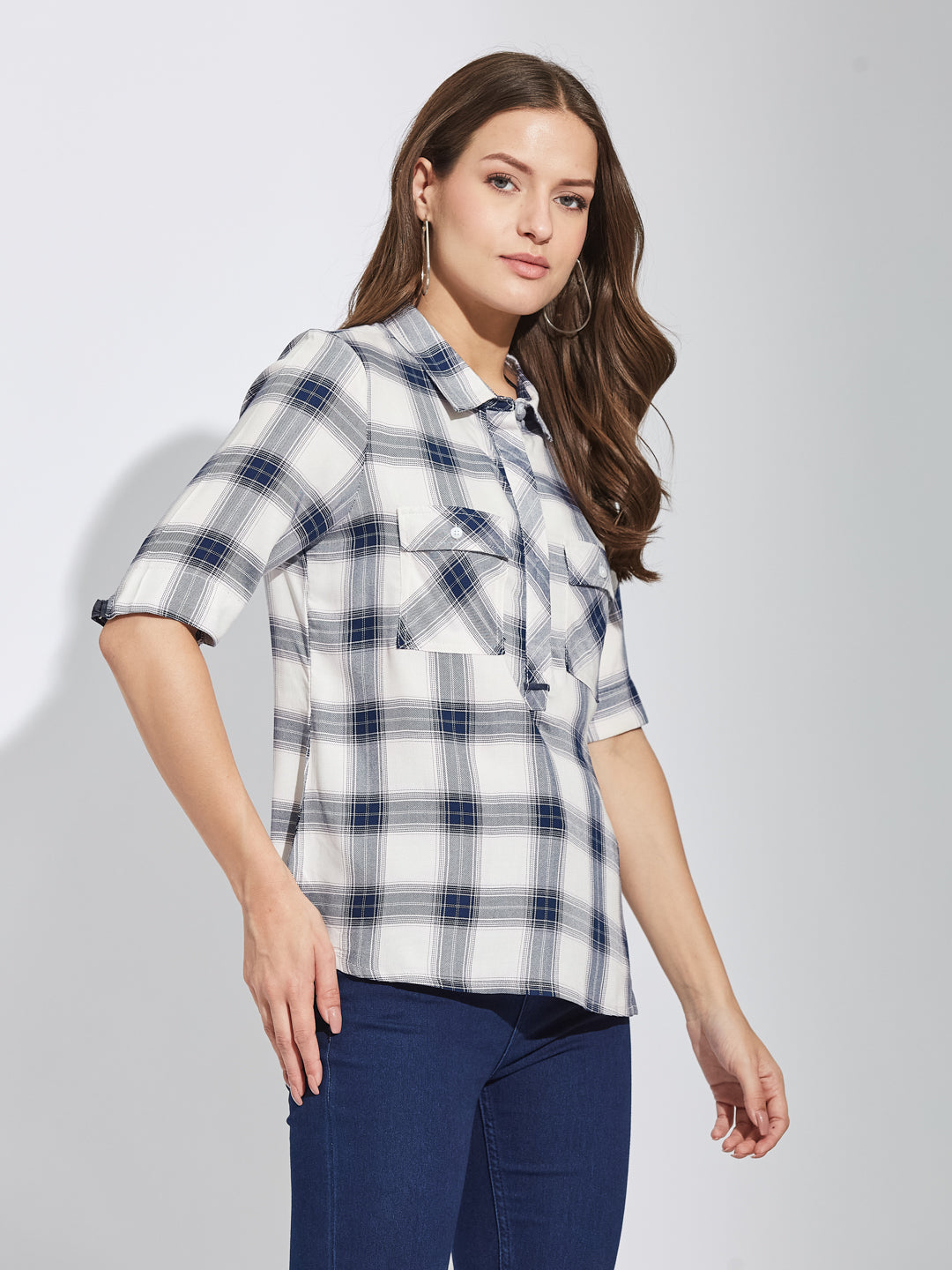 Latin Quarters Women Blue Collar Neck Half Sleeves Checked Shirt Blouse For Casual Wear