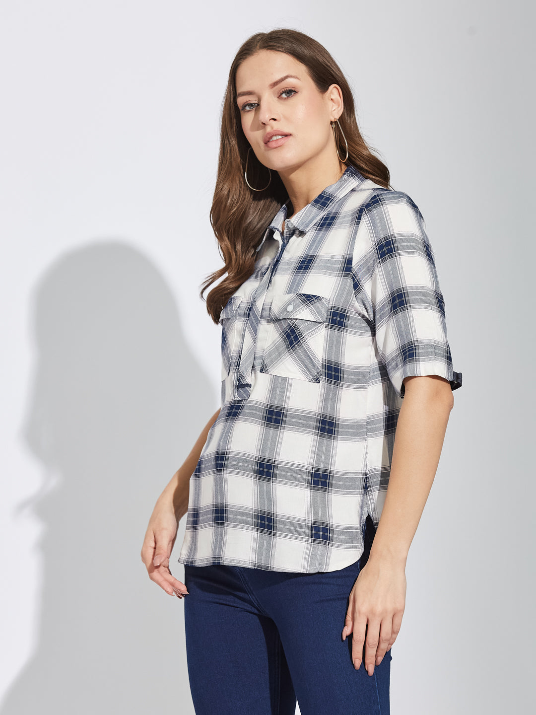 Latin Quarters Women Blue Collar Neck Half Sleeves Checked Shirt Blouse For Casual Wear