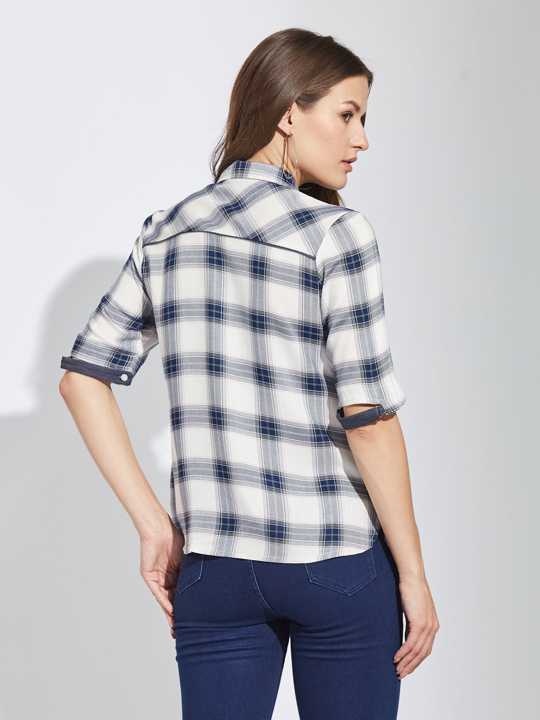 Latin Quarters Women Blue Collar Neck Half Sleeves Checked Shirt Blouse For Casual Wear