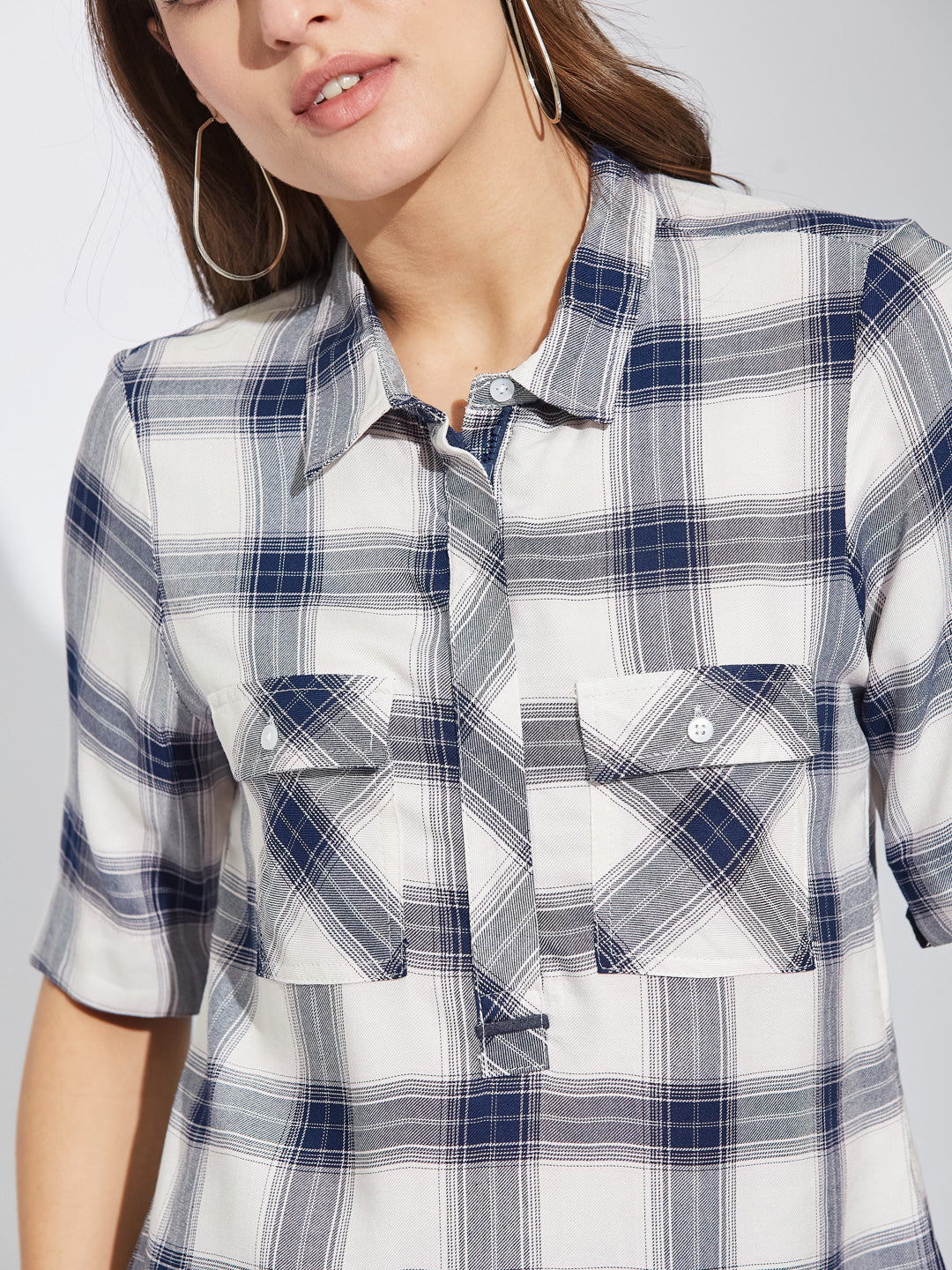 Latin Quarters Women Blue Collar Neck Half Sleeves Checked Shirt Blouse For Casual Wear
