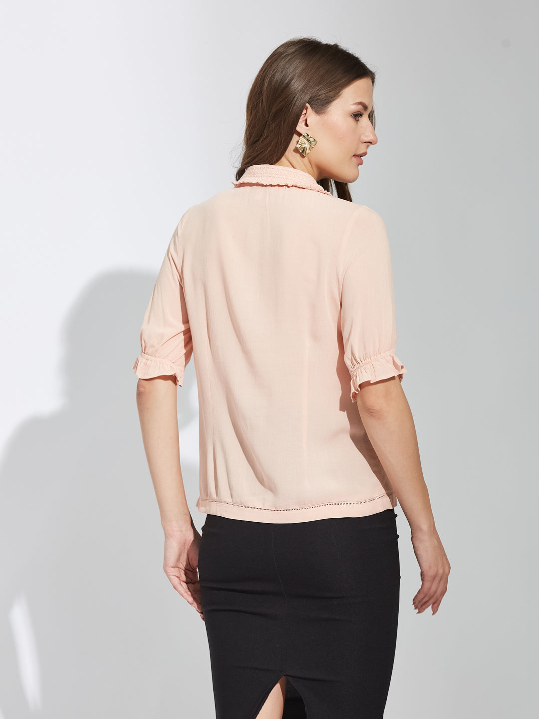 Latin Quarters Women Peach Collar Neck Half Sleeves Solid Shirt Blouse For Casual Wear