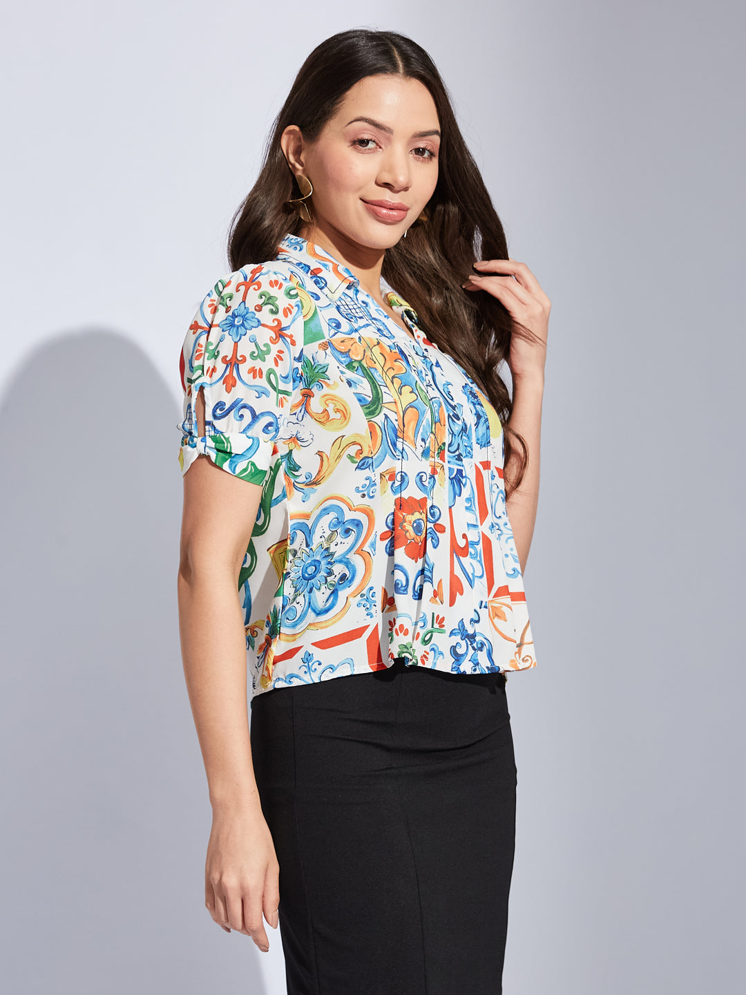 Latin Quarters Women White Collared Short Sleeve Printed Shirt Blouse For Casual Wear