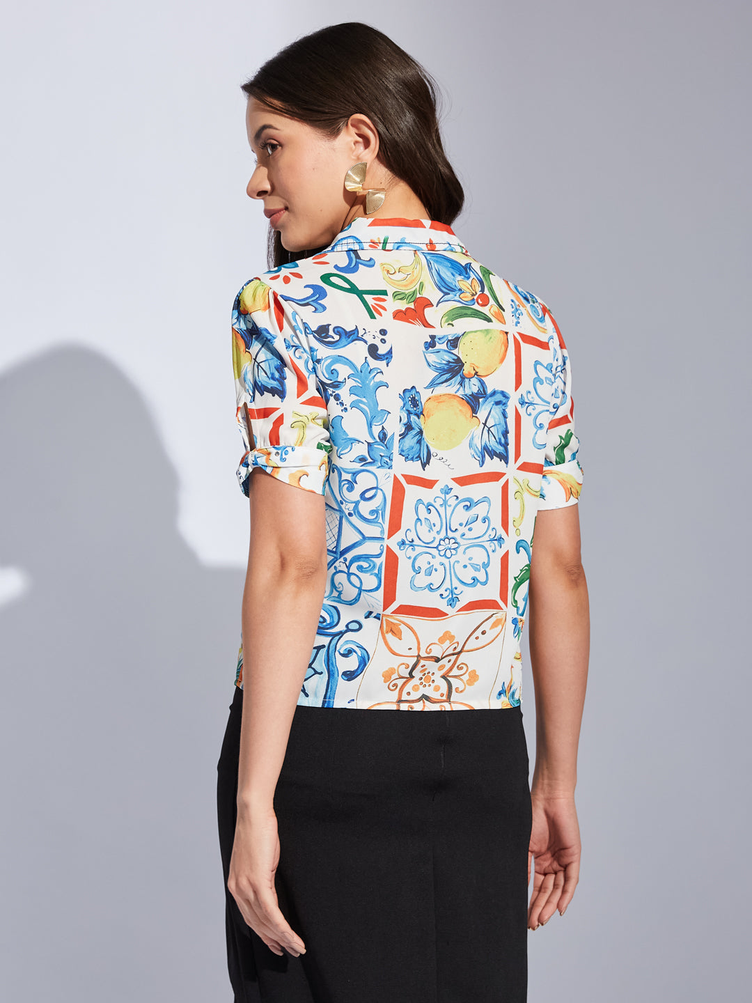Latin Quarters Women White Collared Short Sleeve Printed Shirt Blouse For Casual Wear