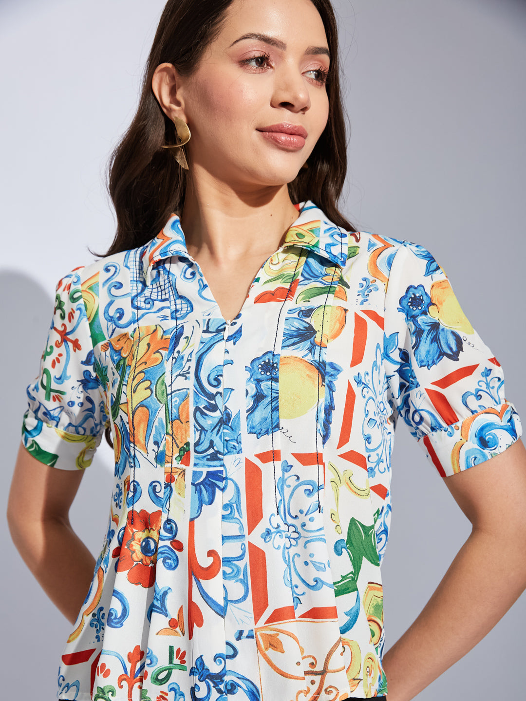 Latin Quarters Women White Collared Short Sleeve Printed Shirt Blouse For Casual Wear