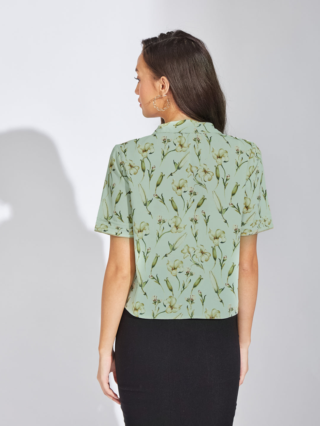 Latin Quarters Women Green Collar Neck Half Sleeves Printed Shirt Blouse For Casual