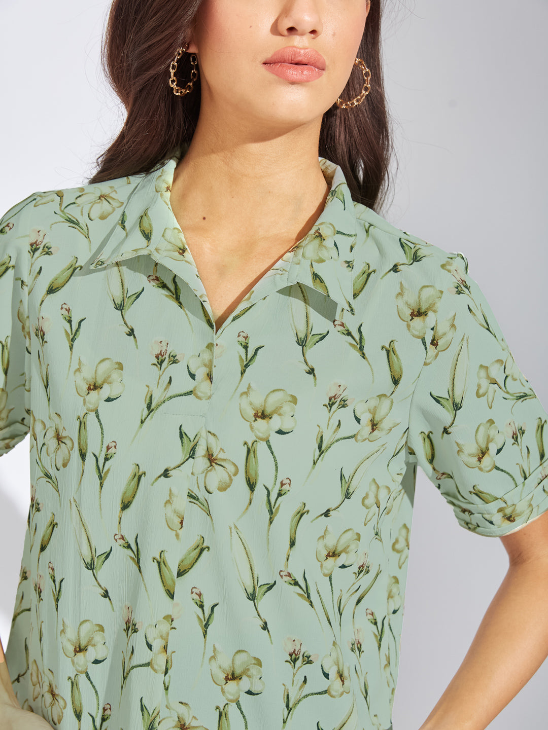 Latin Quarters Women Green Collar Neck Half Sleeves Printed Shirt Blouse For Casual