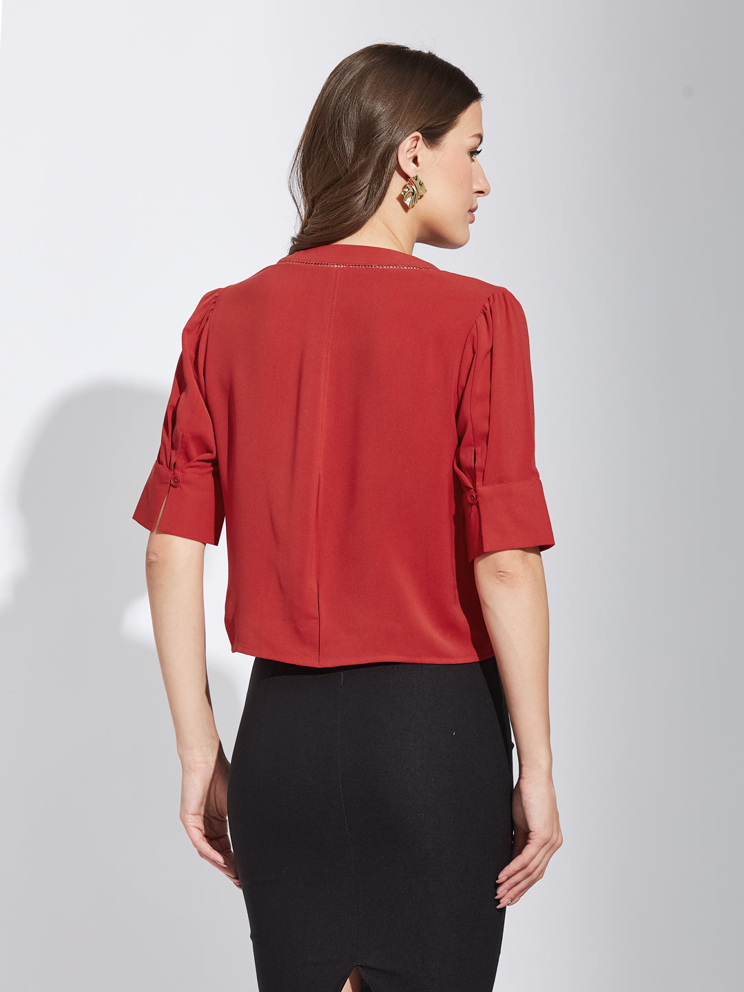 Latin Quarters Women Red Round Neck Half Sleeves Solid Top Blouse For Casual Wear