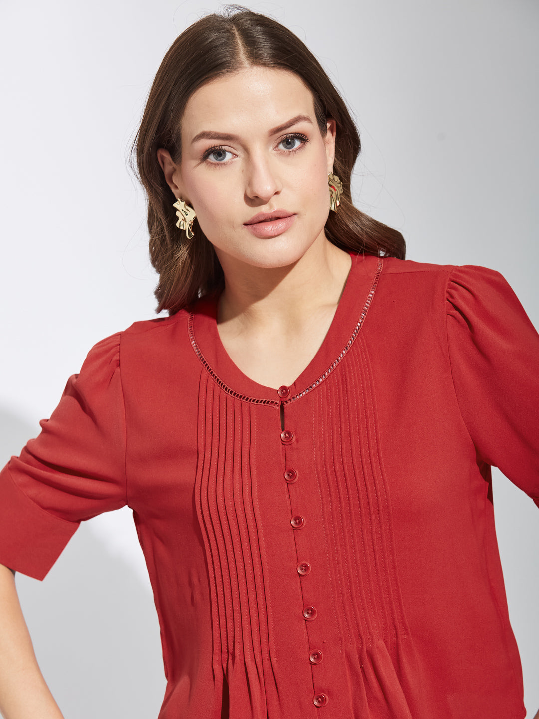 Latin Quarters Women Red Round Neck Half Sleeves Solid Top Blouse For Casual Wear