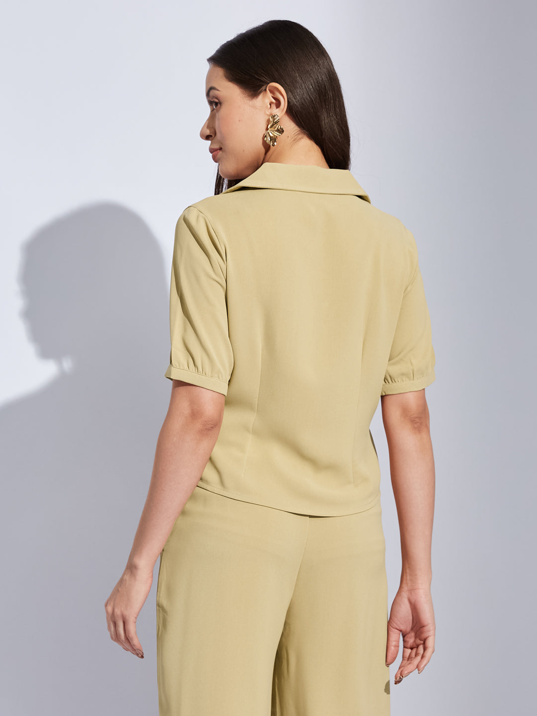 Latin Quarters Women Beige Collared Half Sleeves Solid Top Blouse