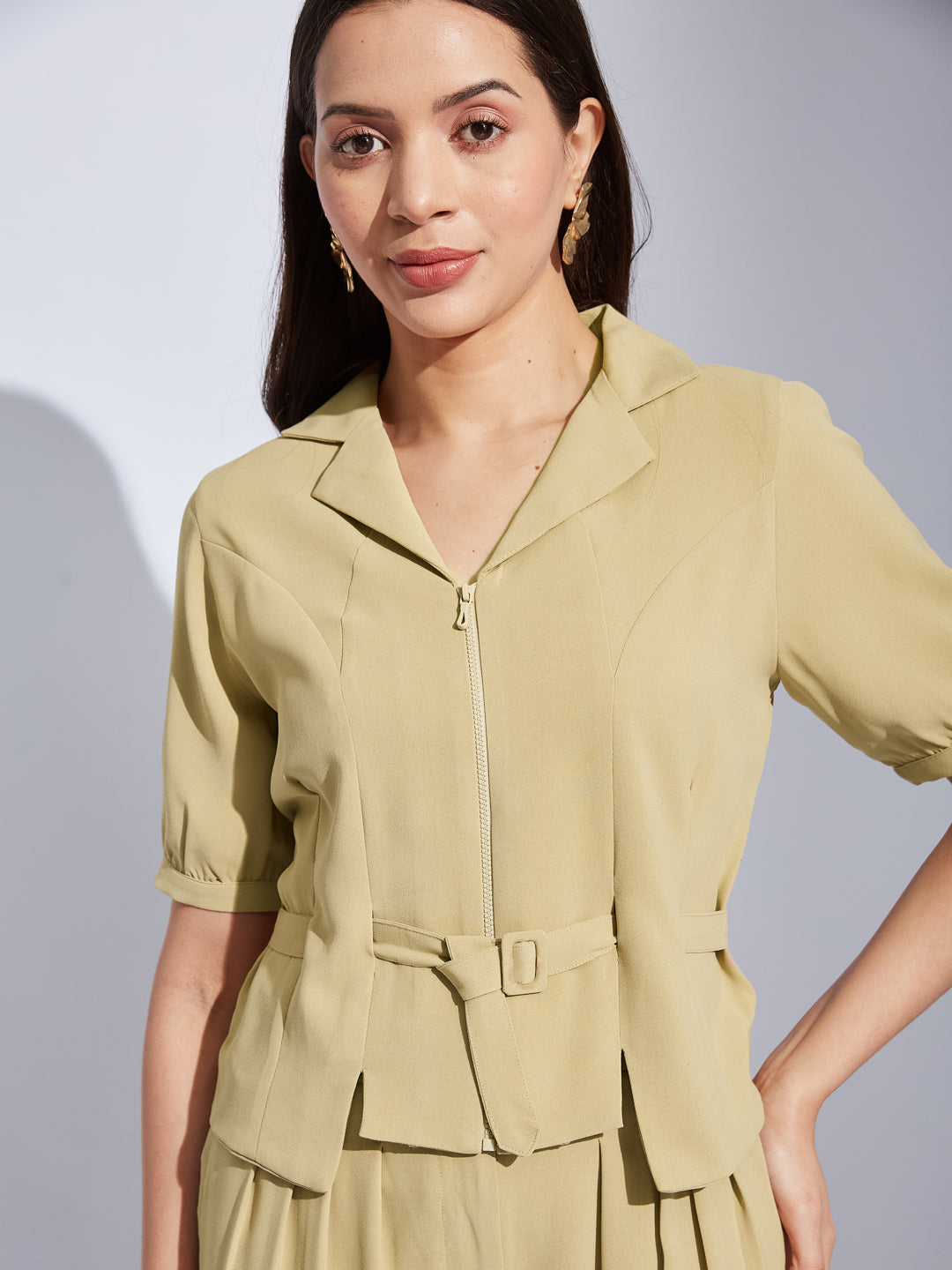 Latin Quarters Women Beige Collared Half Sleeves Solid Top Blouse